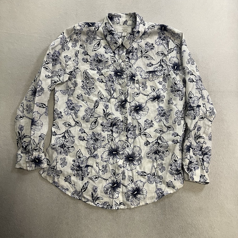 Charter Club Shirt Women's Medium White Blue Floral Button Up Linen Long Sleeve